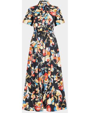 Adam Lippes Leighton Floral Pleated Cotton Poplin Belted Maxi Shirtdress - White
