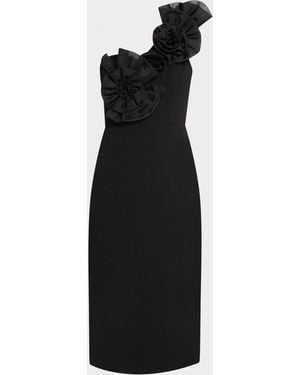 Aidan Mattox One-Shoulder Floral Applique Crepe Midi Dress - Black