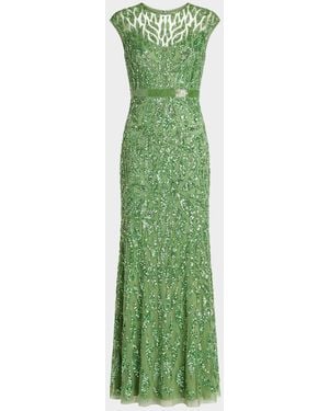 Mac Duggal Beaded Cap-Sleeve Column Gown - Green
