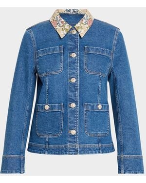 Cinq À Sept Dalton Floral-Collar Denim Jacket - Blue