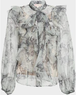 Maison Common African-Print Silk Chiffon Neck Scarf Blouse - Gray
