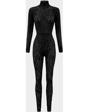 Alex Perry Turtleneck Animal-Print Velvet Devore Long-Sleeve Catsuit - Black