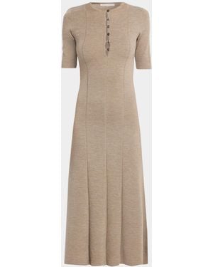 Maria McManus Buttoned Elbow-Sleeve Wool Midi Dress - Natural