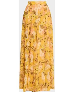 Badgley Mischka Pleated Floral-Print Georgette Palazzo Pants - Yellow