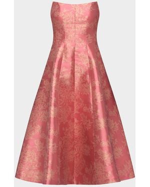 Kay Unger Quincy Tea-Length Strapless Metallic Jacquard Dress - Red