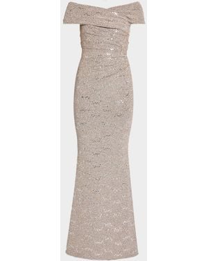 Talbot Runhof Crisscross Off-The-Shoulder Shimmering Jersey Gown - White