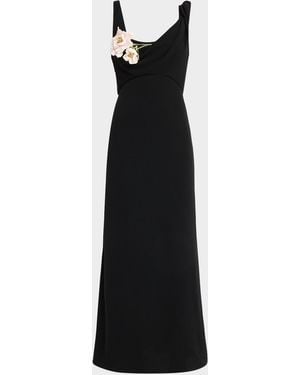 Lela Rose 3D Peony Embroidered Fluid Crepe Twist Detail Dress - Black