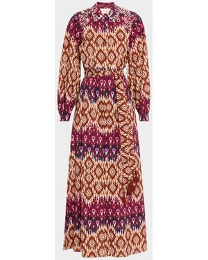 Figue Daisy Medallion-Striped Long-Sleeve Maxi Shirtdress - Red