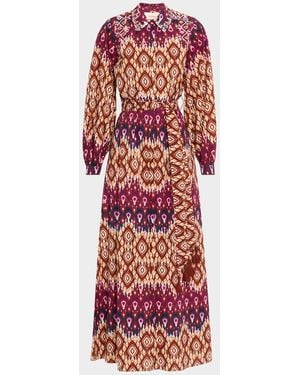 Figue Daisy Medallion-Striped Long-Sleeve Maxi Shirtdress - Red