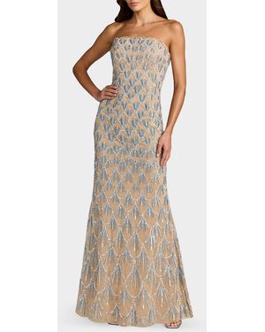 Mac Duggal Strapless Hand-Beaded Mesh Trumpet Gown - Brown