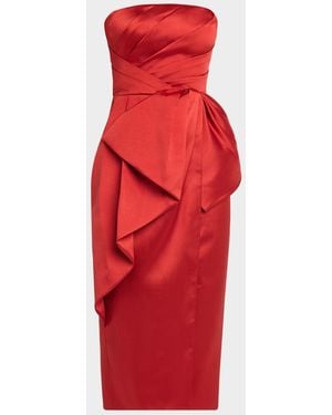 THEIA Dorothea Draped Strapless Midi Dress - Red