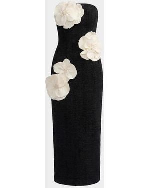 Mac Duggal Floral Appliqué Bouclé Strapless Midi Dress - Black