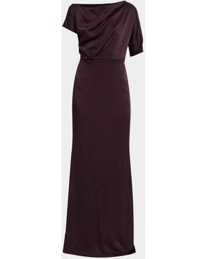 Kiton Asymmetric Draped Satin Short-Sleeve Trumpet Gown - Purple