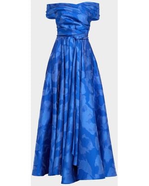 Talbot Runhof Off-The-Shoulder Draped Floral Jacquard Gown - Blue