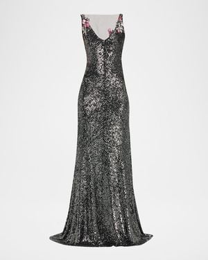 Naeem Khan Floral Applique Stretch Sequin V-Neck Gown - Multicolor