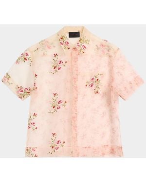 Simone Rocha Sheer Floral Embroidered Short-Sleeve Shirt - Pink