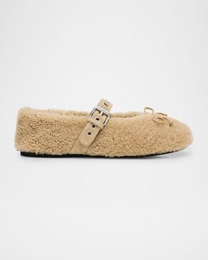 Miu Miu Shearling Mary Jane Ballerina Flats - White