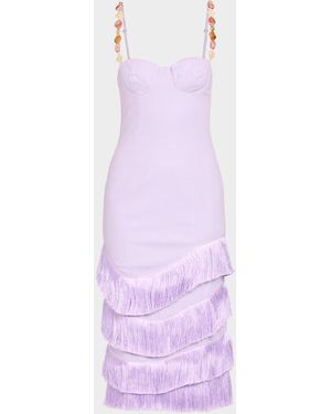 PATBO Gabriela Linen Fringe-Trim Midi Dress - Purple