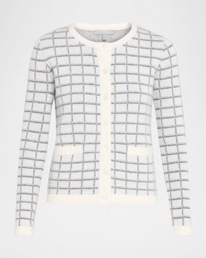 Neiman Marcus Cashmere Jacquard Grid Jacket - White