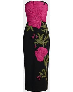 Mac Duggal Strapless Floral-Embroidered Crepe Midi Dress