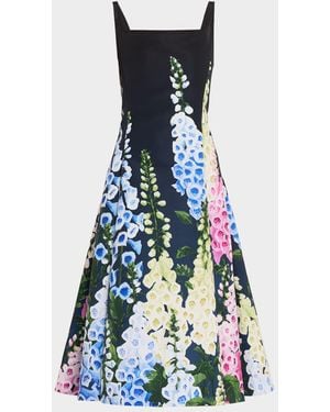 Oscar de la Renta Multi Foxglove Degrade Printed Faille Midi Cocktail Dress - Blue