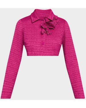 Teri Jon 3D Flower Appliqué Bouclé Cropped Jacket - Pink