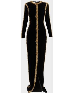 Balmain Long-Sleeve Beaded Velvet Maxi Dress - Black