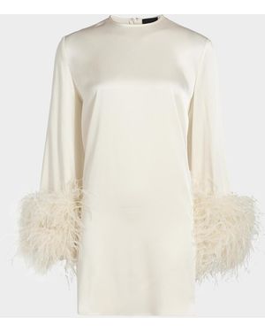LAPOINTE Feather-Embellished Long-Sleeve Satin Mini Shift Dress - Natural