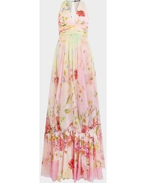Roberto Cavalli Miami Flowers Print Plunging Silk Chiffon Gown - White