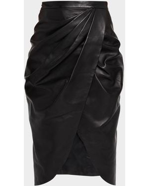 Balmain High-Waist Draped Lambskin Midi Skirt - Black
