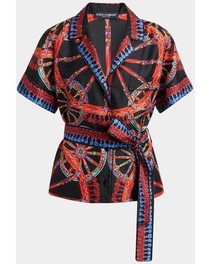 Dolce & Gabbana Short-Sleeve Carretto-Print Silk Twill Belted Pajama Shirt - Red