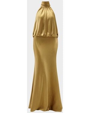 Amsale Long Satin Halter Blouson Gown - Metallic