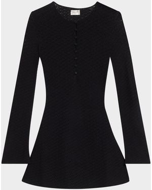 Saint Laurent Buttoned Long-Sleeve Knit Mini Dress - Black