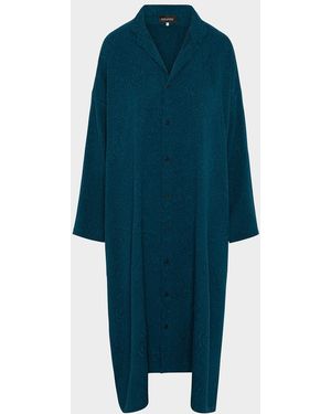 Eskandar Damask Cloque Wide A-Line Double-Stand Collar Shirtdress - Blue