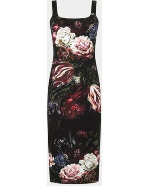 Roberto Cavalli Sleeveless Floral Bouquet Stretch Jersey Midi Dress - Black
