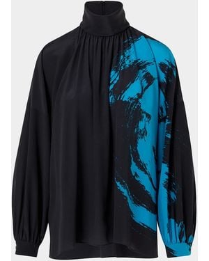 Akris Punto Brushstroke-Print Silk Crepe Long-Sleeve Blouse - Blue
