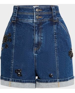 Cinq À Sept Crystal Double-Waistband Denim Shorts - Blue