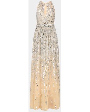 Pamella Roland Degrade Sequined Tulle Sleeveless Column Gown - Natural