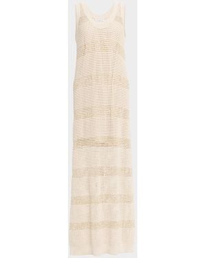 Brunello Cucinelli Striped Pailette Open-Knit Sleeveless Maxi Dress - White