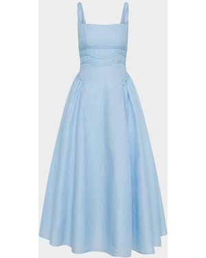 Rachel Gilbert Sophia Strap Textured Jacquard Tea-Length Dress - Blue