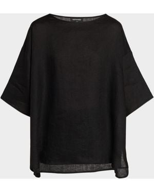 Eskandar Linen Sloped Shoulder Wide A-Line Scoop Neck Top - Black