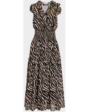 Maison Common Animal-Print Smocked Silk Chiffon Maxi Dress - White