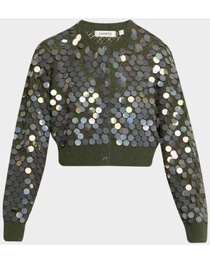 Zankov Sequined Cashmere Pointelle Knit Crop Cardigan - Green