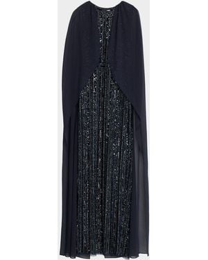 Aidan Mattox Beaded Cape-Sleeve Column Gown - Blue