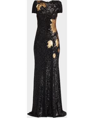 Naeem Khan Short-Sleeve Sequined Flower Applique Gown - Black