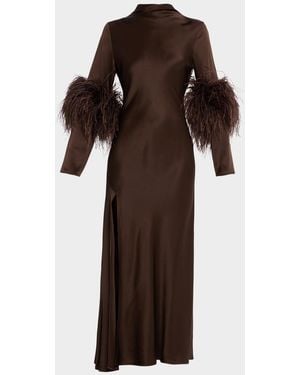 LAPOINTE Feather-Trim Satin Maxi Dress - Brown