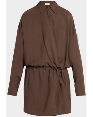 Brunello Cucinelli Fluid Wool Twill Drawstring Mini Dress - Brown