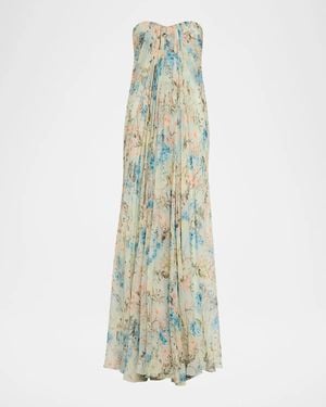 McQueen Goddess Floral Draped Bustier Strapless Silk Maxi Dress - White