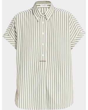 Brunello Cucinelli Striped Linen Short-Sleeve Collared Shirt - White