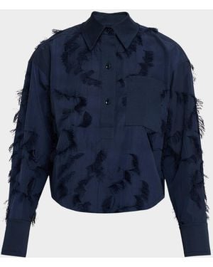 Jason Wu Long Sleeve Fringe Fil Coupe Collared Shirt - Blue
